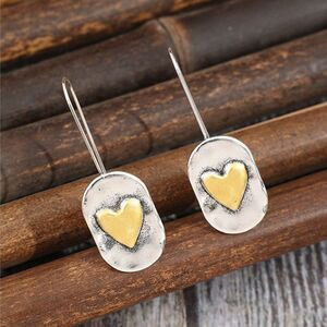 2-Tone Silver Heart Drop Earrings Hammered Long Hook Threader Rustic Pendant New